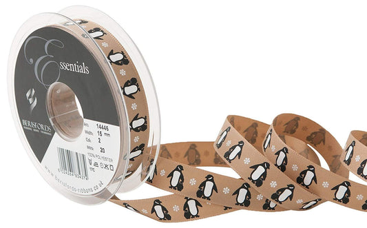Berisfords Oatmeal Penguins 15mm Ribbon