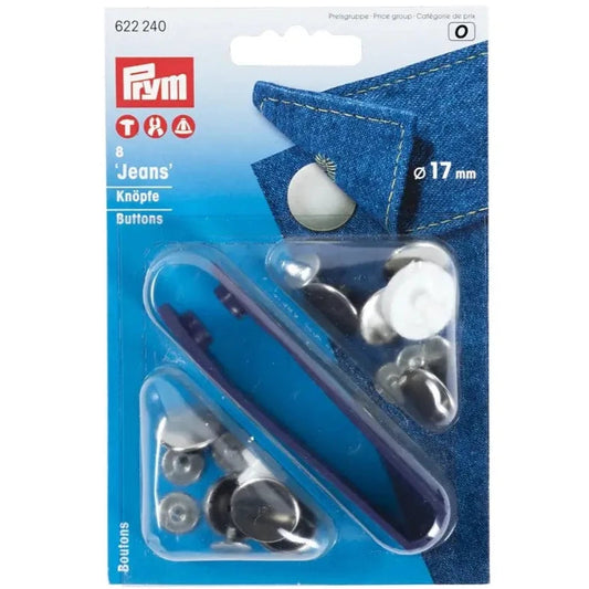 Prym No Sew Jeans Buttons 17mm - Plain Silver