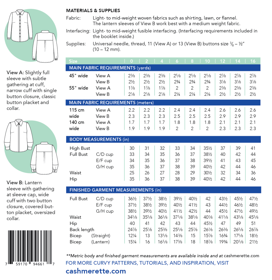 Cashmerette Vernon Shirt Sizes 0-16