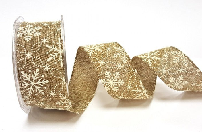 Bertie's Bows Burlap Snowflake Print 38mm Wired Edge Ribbon