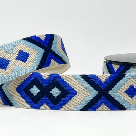 40mm Tribal Webbing - Blues/Ecru