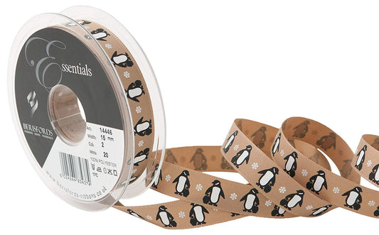 Berisfords Oatmeal Penguins 15mm Ribbon