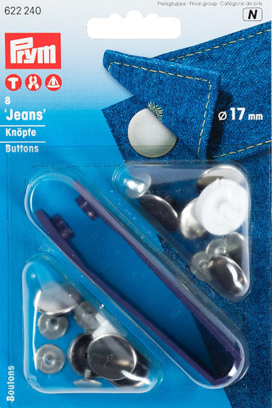 Prym No Sew Jeans Buttons 17mm - Plain Silver
